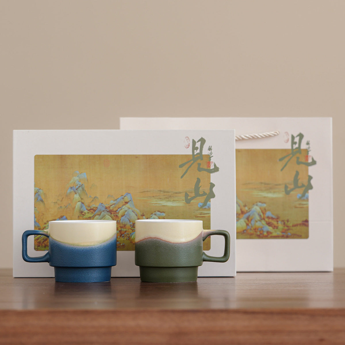 Kiln-Change Ceramic Coffee Cup Gift Set - Blue Green / Gift Box