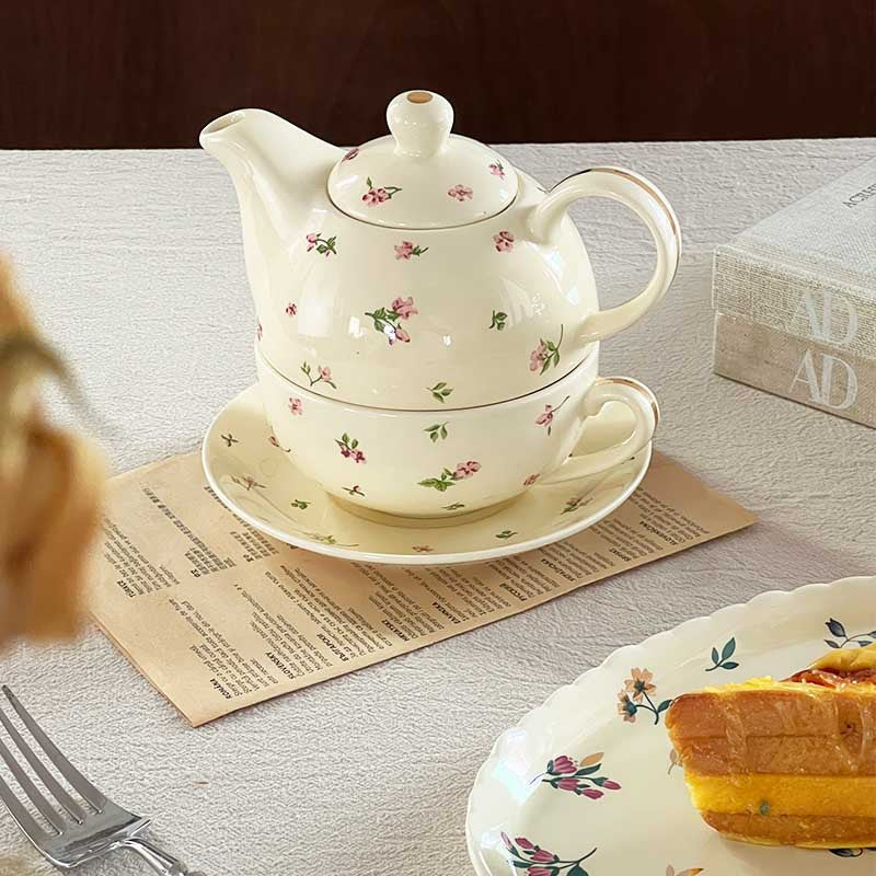 Floral Ceramic Cup and Saucer Set - Pink Floral / Cup 220ml Pot 400ml