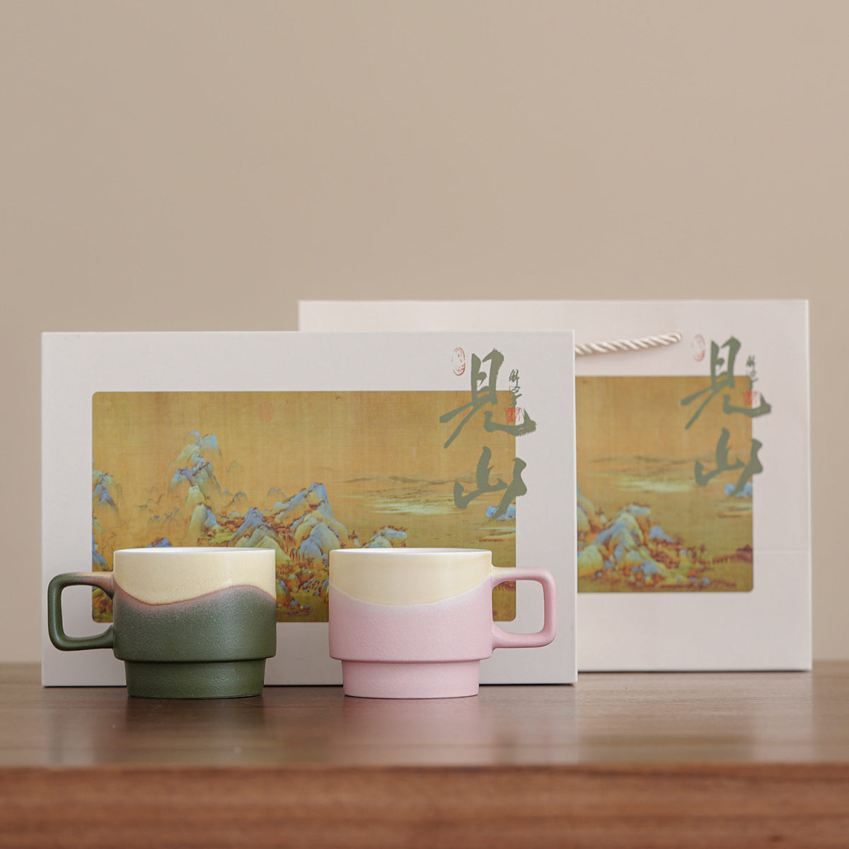 Kiln-Change Ceramic Coffee Cup Gift Set - Green Pink / Gift Box