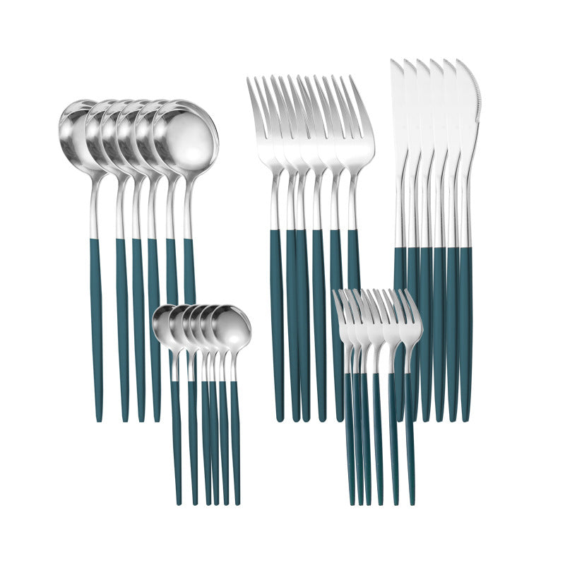 30-Piece Stainless Steel Cutlery Set - Dark Green Silver